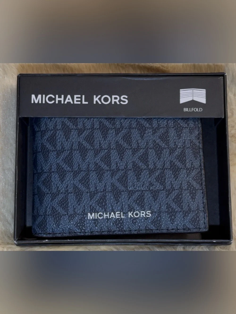 Michael Kors Men's Black, Brown, and Dark Blue MK Signature Billfold Wallet